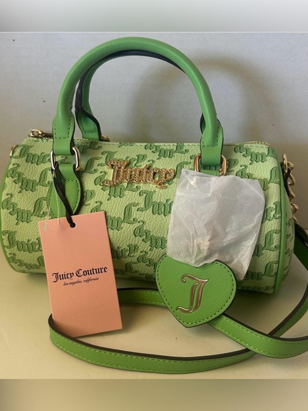 🔴 Juicy Couture Mint Green Logo Barrel Satchel with Heart Charm! HTF! Rare! 🔥 - Picture 2 of 14